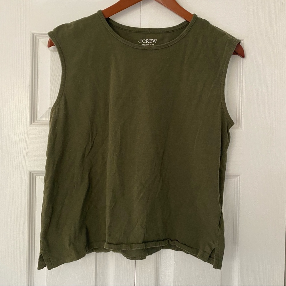 J Crew Women Top XS Organic Slub Olive Green Boxy Muscle Tee Tank Crew Neck